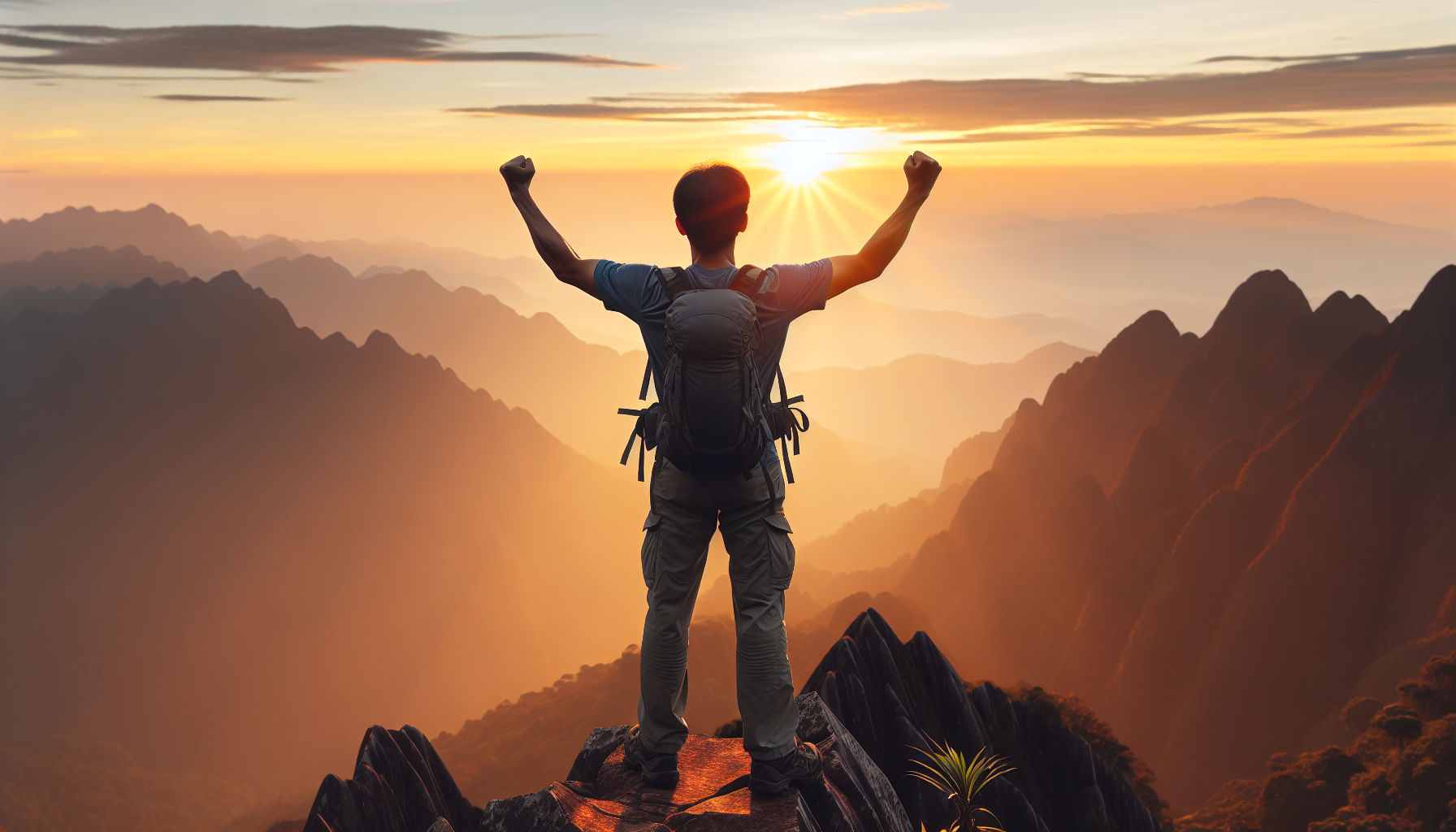 Mountain peak sunrise with a person raising arms in triumph, symbolizing success and personal development