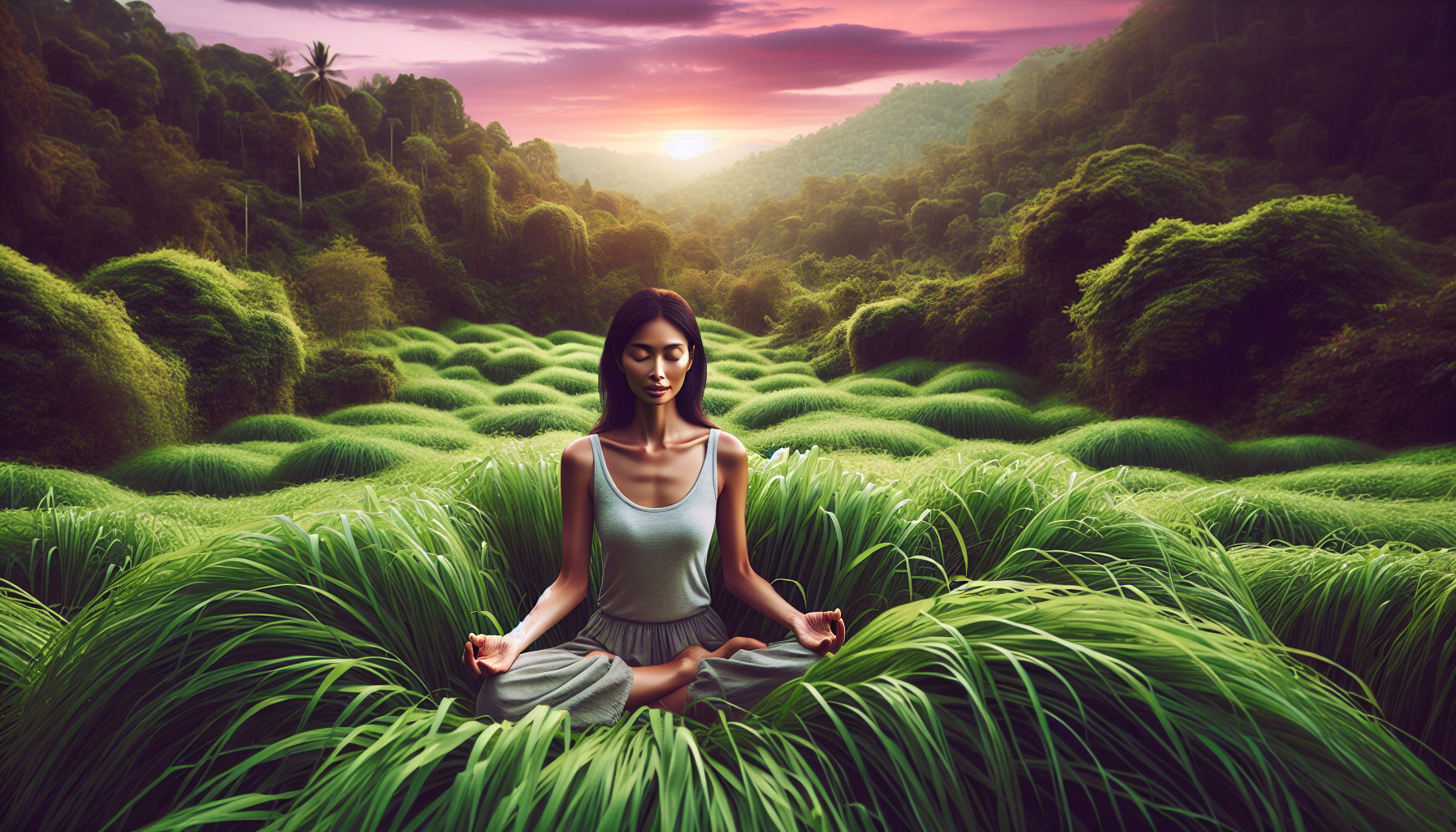 A peaceful, serene background featuring a person meditating in a lush green field under a pastel sunset sky.